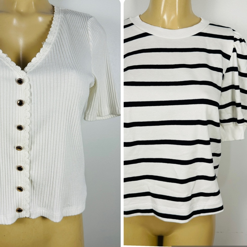 Set 2 H&M Tops Sz M Striped Ribbed Short Sleeves Shirts Pullover Casual